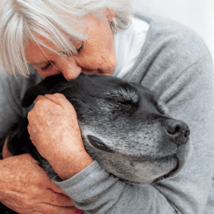 woman hugging senior black dog in St. Louis